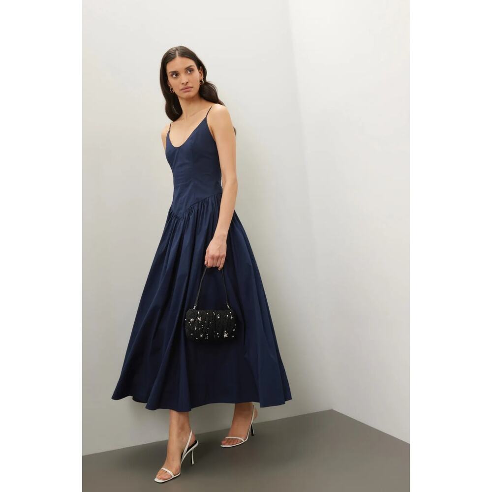 STAUD Dena Dress drop waist poplin classic mid-length cut flared skirt, Size 12